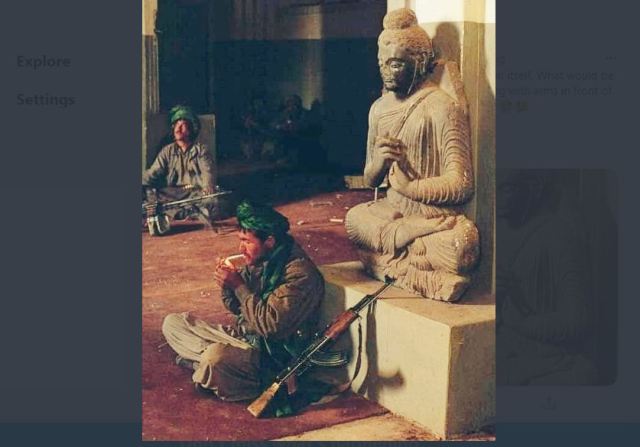 This picture of Afghanistan is going viral in social media, in which a Taliban fighter is sitting on a Buddha statue with a gun. She is victorious... The battle for power has never been won with a gun. Non-violence stands before him with his hands folded, and eventually bows his head to be cut. The first and last truth of the History of Empires is that whoever has more guns, the power belongs to him. A thing without a blade without a shield may sound good in songs, but it has no value in the real world.