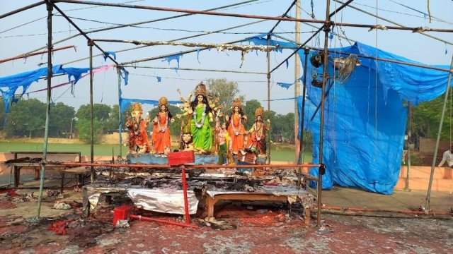 A fire broke out at a Durga Puja pandal in Uttar Pradesh's Bhadohi due to overheating of halogen lights, killing three and injuring 64 others.